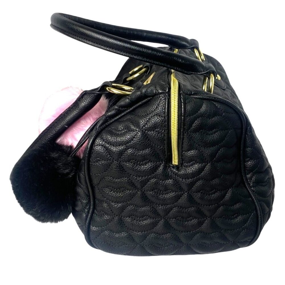 Betsey Johnson Quilted Black Lips Faux Leather Satchel Bag & Pom Poms Love Coll - Picture 5 of 14